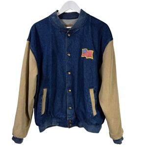 Vintage Three Rivers Great Seal USA Denim Varsity Bomber Jacket Blue Tan Mens M